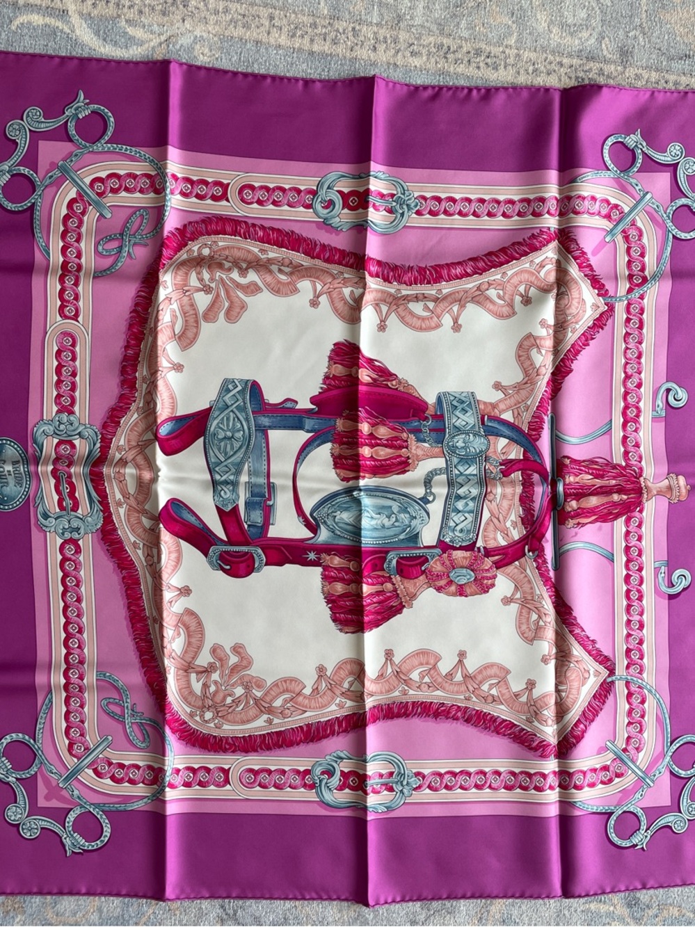 Hermes Pink Purple Silk Scarf with Equestrian Motif - Bride de Coeur